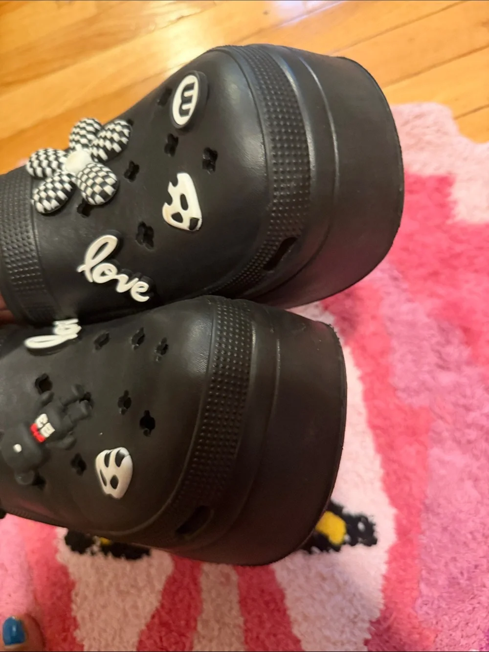 Black Slip-On Platform Clogs with Decorative Charms